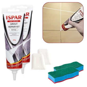 Tile Grout Repair Kit (28 oz/ 800g) for Wall and Floors Tile Joints with Spatula and Sponge, Repair Mortar, Fill and Reviver The Joints, Quick-Drying, Ready Mixed Grout (White (Pack of 2))