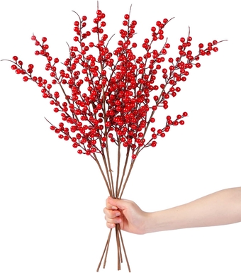 6 Pack Artificial Red Berry Stems Christmas Red Berries Holly Berry Branches 25.2 Inches Fake Burgundy Berry Picks for Floral Arrangements Christmas Tree Holiday Home DIY Crafts Decor
