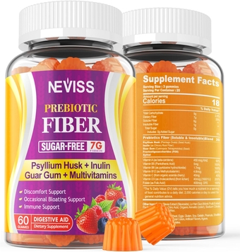 1Pack Sugar Free Psyllium Husk Prebiotic Fiber Gummies - 7G Fiber with 2000mg Prebiotic Fiber Blend & Multivitamins - Inulin, Fos, Guar Gum, Vitamin A C D3 B6 B12 for Daily Digestive & Regularity Gut