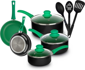Pots and Pans Set, Aluminum Nonstick Cookware Set, Fry Pans, Casserole with Lid, Sauce Pan, and Utensils, 11 Piece Cooking Set (Green)