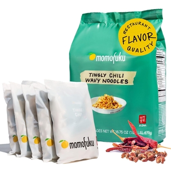 Momofuku Tingly Chili Ramen Noodles by David Chang, 5 Count (Pack of 1) Air-Dried Vegan Instant Noodles with Sauce