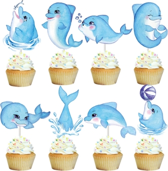 24Pcs Dolphin Cupcake Toppers Ocean Sea Animal Party Cupcake Picks Decoration for Dolphin Party Sea Theme Birthday Party Baby Shower Supplies