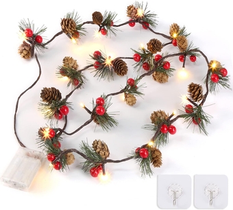 Christmas Garland with Lights 7Ft Christmas Pine Cones Garland with Red Berries Pine Needles for Christmas Decoration Mantle Fireplace Holiday Winter Stairs Indoor Outdoor Decor
