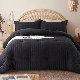 Black Queen Comforter Set - 3 Pieces Seersucker Bedding Comforters & Sets, Down Alternative Comforter Set for All Season, 1 Comforter (88"x92") and 2 Pillow Shams (20"x26"+2")