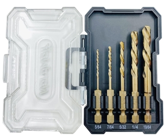 5-Piece Cobalt Alloy Steel Left Hand Drill Bit Set, Reverse Twist with 1/4" Hex Shank for Screw Extractors, SAE Sizes 5/64"-7/64"-5/32"-1/4"-19/64" in Storage Case