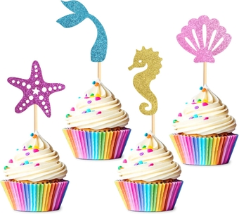24 Pack Mermaid Cupcake Toppers Mermaid Birthday Cupcake Picks Party Decorations Supplies for Baby Shower, Under the Sea, Birthday Party