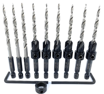 Countersink Drill Bit Set 6 Pc #8 (11/64") Wood Countersink Drill Bit Pro Pack Countersink Set, with 3 Replacement Tapered Countersink Bits #8 (11/64"), 1 Stop Collar, 2 Hex Wrench