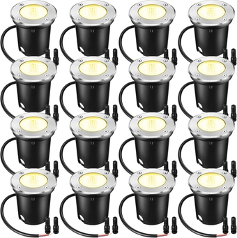 16 Pcs 3W LED Well Lights Low Voltage Outdoor In Ground Landscape Lights Waterproof Outdoor 12V-24V Landscape Lighting Warm White for Pathway Garden Driveway Patio Decors, 32 Connectors
