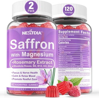 Saffron Supplements Gummies - 4 Months Supply - Saffron Extract 177mg 88.5mg, w/Magnesium Glycinate 400mg 200mg, Rhodiola, Rosemary, B6 B12, D3 for Mood, Calm Nerve, Rest, Focus, Sugar-Free, 2 Pack