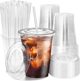 [100 Pack] 16 oz Plastic Iced Coffee Cups with Flat Lids and Clear Straws, Disposable Clear Cup, BPA Free Crystal Lemonade Cup for Party, Smoothie, Cold Drinks, Juice, Milkshake, Bubble Boba, Tea