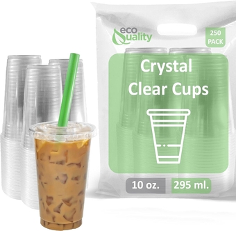 Clear Plastic Disposable Cups with Lids and Smoothie Straws 250 count - 10 oz (ounces) Clear PET Cup for Smoothies, Protein Shakes, Bubble Tea, Iced Coffee, Boba, Fresh Juice, Meal Prep, Party Cup