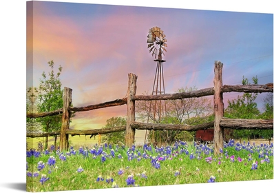 Texas Landscape Wall Art Rustic Windmill Artwork Wildflowers Bluebonnets Canvas Texa Countryside Picture Western Farmland Art Prints for Home Wall Decor Framed 24''x36''