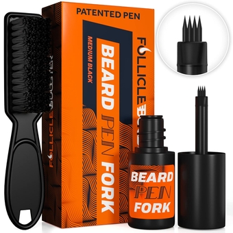 Beard Pen Filler Fork - Medium Black - Innovative 4 Tip Micro-Fork Barber Styling Pencil with Brush - Waterproof Proof, Sweat Proof, Long Lasting Solution, Natural Finish For A Perfect Beard