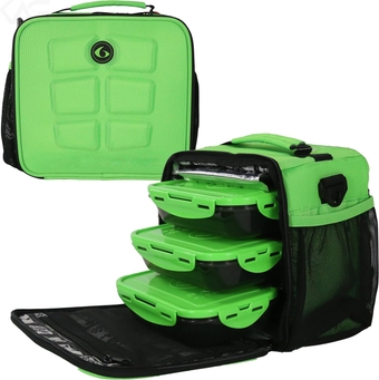Innovator Cube Meal Prep Lunch Bag with 3 BPA-Free, Reusable, Microwavable, Freezer Safe, Portion-Controlled Containers, Lunch Box with Storage Pockets (Neon Green)