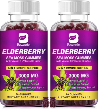 Elderberry & Sea Moss Gummies, Organic lack Sambucus Elderberry with Zinc and Vitamin C, D3 for Adults & Kids, Elderberry Gummy Vitamin Supplements for Immune & Energy Support - Vegan