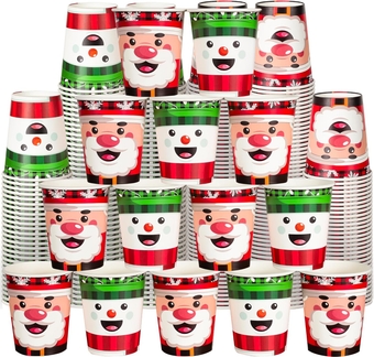 100 Pcs Christmas Paper Cups - 9 OZ Christmas Disposable Cups for Coffee Tea Hot Cold Drinks, Xmas Santa Snowman Cup Holiday Party Supplies for Everyday Use Kids Adults