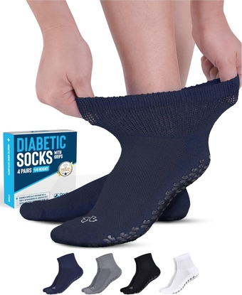 Diabetic Socks with Grips for Women and Men - 4 Pair | Black , White , Navy , Gray| Neuropathy Socks | Non Slip Socks for Elderly | Slipper Socks with Grippers | Diabetic Ankle Socks for Men