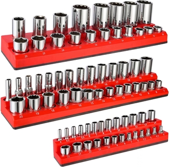 73-Slot Magnetic Socket Organizer, 3PC Socket Holder Kit, 1/2-inch, 3/8-inch, 1/4-inch Drive Socket Tray Holders,for Standard and Deep Metric Sockets, Heavy Duty Tools Organizer(Red)