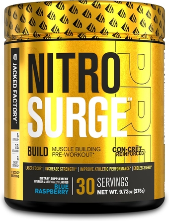 Nitrosurge Build Pre Workout with Creatine for Muscle Building - Con Cret Creatine Powder & elevATP for Intense Energy, Powerful Pump, & Endless Endurance - 30 Servings, Blue Raspberry