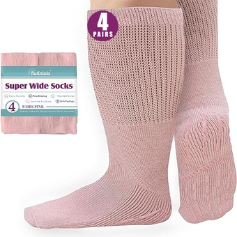 Extra Width Socks for Swollen Feet-4 Pairs Extra Width Diabetic Wide Socks for Men, Extra Width Hospital Socks Non Slip Diabetic Edema Socks Women,Cast Socks Lymphedema Socks-4 Pink