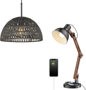 Modern Boho Pendant Lights, Hand Woven Hanging Lamp with Dome Basket Shade & Upgrate Wireless Charging Desk Lamp for Farmhouse Kitchen Island Dining Room Living Room Hallway