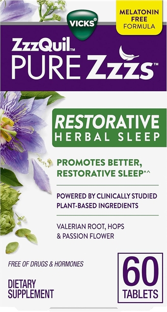 PURE Zzzs Restorative Herbal Sleep, Tablets, Free of Drugs and Hormones, Melatonin-Free Formula, Valerian Root, Hops, Passion Flower, Sleep Aids for Adults, 60 Count