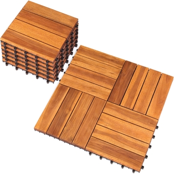 Solid Wood Interlocking Flooring Tiles (Pack of 10, 12" x 12"), Acacia Deck Tiles, Floor Tiles for Both Indoor and Outdoor Use, Waterproof All Weather (12X12, 4 Slat, Natural Color)