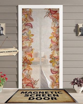 Mushroom Magnetic Screen Door for Sliding/Single/French Doors, Self Sealing Magnets Patio Door Screen Heavy Duty Mesh Curtain, Wild Fall Maple Berry Corn Plant Burlap Autumn