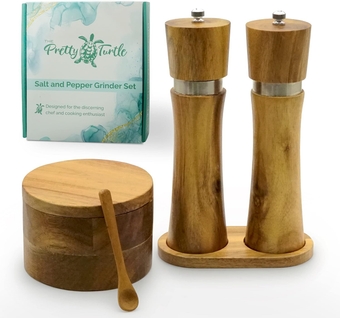 Wooden Salt and Pepper Grinder Mill Set With Holder Made of Premium Acacia Wood Refillable Enviro Friendly (Natural Acacia, 8" with Salt Box)