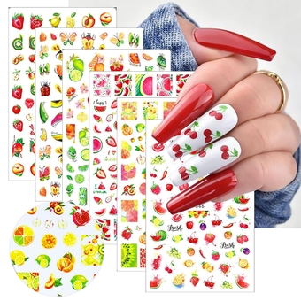 6 Sheets Fruit Nail Art Stickers Decals Holographic 3D Self-Adhesive Nail Decals Mixed Cherry Watermelon Nail Art Design Strawberry Nail Art Supplies Lemon Nail Accessories for Women Nail Decorations