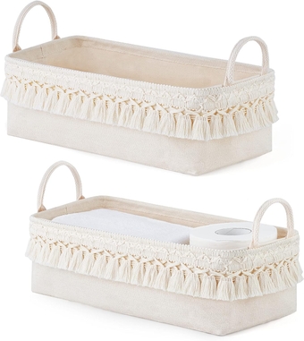 2 Pack Storage Baskets for Bathroom Closet Shelf Boho Decor Small Storage Bins with Tassels Cute Rectangular Organizers with Handles for Bedroom Nursery Dorm, Ivory, 13.38"L x 6.3"W x 3.9"H