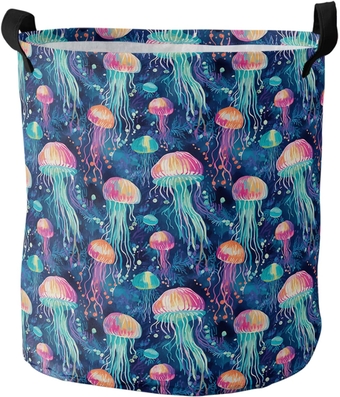 Jellyfish Laundry Basket, Collapsible Bag with Easy Carry Handles, Small Waterproof Foldable Freestanding Hamper, Folding Washing Bin Clothes Storage Round Blue Ocean Gradient Nautical Geometric
