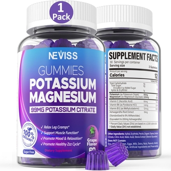 Potassium Magnesium Gummies for Adults Kids, Sugar-Free Potassium Citrate 99mg with High Absorption Magnesium Glycinate, Ashwagandha, B6,B12 for Leg Cramps & Muscle Relax, Electroyte,Heart,Mood, 1Pack