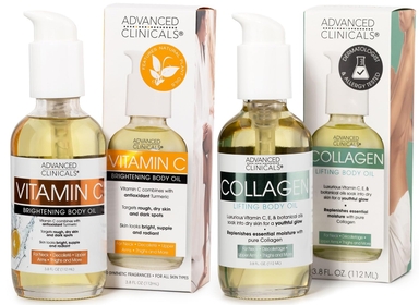 Collagen Lifting Body Oil + Vitamin C Brightening Body Oil Moisturizer Skin Care Set - Nourishing, Brightening, & Firming Body Oil To Improve Look Of Sagging Skin, 2PC Bundle