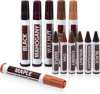 Furniture Markers Touch up, 12 Piece Furniture and Wood Floor Markers and Crayons Repair Kit - 6 Felt Tip Wood Markers, 6 Wax Crayons in Black, Maple, Oak, Cherry, Walnut and Mahogany