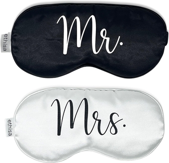 Mr and Mrs Sleep Mask - Blindfold Wedding Games for Reception - Groom and Bride Eye Mask for Couples - Wedding Night Bride to Be Sleep Mask - Honeymoon Just Married Black and White Gift Set