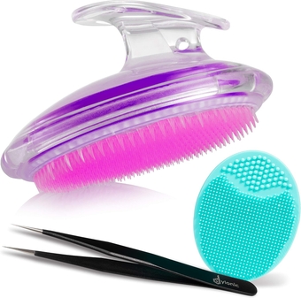 3pk Exfoliating Brush and Precision Tweezers for Ingrown Hair Treatment for Bikini Area, Razor Bumps Shaving Irritation - Silicone Scrubbers Gift Set, Body + Face Skin Exfoliator Brush