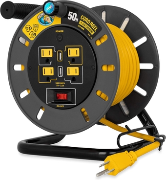 50-Ft 13 Amp RV Extension Cord Reel - Rated for 125V / 1,625W - Features 4 125V Electrical Outlets & 2 USB Ports - Includes On/Off Switch & Built-In Circuit Breaker (55291)