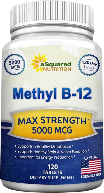 Vitamin B12-5000 MCG Supplement with Methylcobalamin (Methyl B-12) - Max Strength Vitamin B 12 Support to Help Boost Natural Energy, Benefit Brain & Heart Function - 120 Tablets