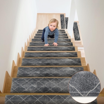 Stair Treads Non Slip Stair Carpet Treads, Carpet Stair Treads for Wooden Steps Indoor 15 pcs 8 * 30 inch,Removable Quick-Dry Machine Washable,Stair Rugs for Kids and Dogs,Print Gray