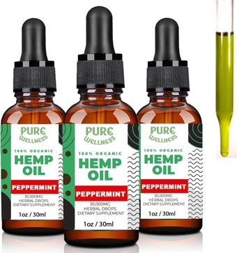 Hemp Seed Oil Drops Peppermint Flavor for Improved Cognitive Function, Omega 3 6 9 Fatty Acids, Organic, Non-GMO, Vegan (30,000mg 3-Pack)