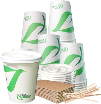 12 oz Compostable Paper Cups with White Flat Lids, Sleeves and Wooden Stirrers - Biodegradable Disposable White Paper Coffee Cups PLA Lined - Eco-friendly Hot and Cold Drinking Cups (400)