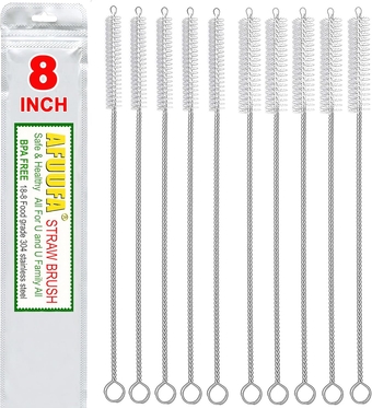 Straw Cleaner Brush Set 10 Pack, 5-Piece 8” x 8mm Straw Brush and 5-Piece 8” x 10mm Piper Cleaners for Hummingbird Feeders, Nylon Bristles and Stainless Steel Straw Brushes (Clear)