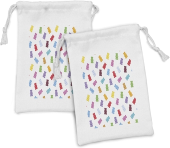 Dessert Fabric Pouch Set of 2, Vibrant Colored Gummy Bears Candies Delicious Jelly Sugary Snack Chewy Taste, Small Drawstring Bag for Toiletries Masks and Favors, 9" x 6", Multicolor