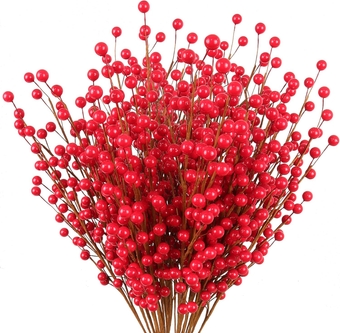 12 Waterproof Red Berry Stems, 19", 100% Wired Stem Branches, Holly Berry Sprays for Christmas Tree Decoration, Wreath Decoration, Home DIY Crafts, 35 Red Berries on Each Stem