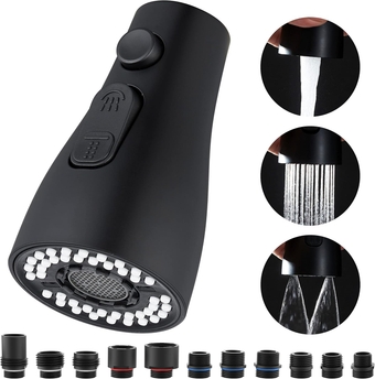 Kitchen Faucet Sprayer Head Replacement - Pull Down Faucet Spray Head with 11 Adapters, Pull Out Faucet Sprayer Nozzle, 3 Function Kitchen Tap Spray Spout Part Connector, Matte Black