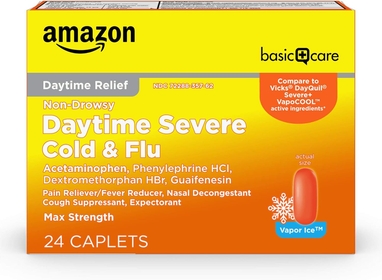 Daytime Severe Cold & Flu Relief Caplets, Cold Medication for Severe Cold and Flu Symptoms Like Headache, Fever, Coughing, Chest & Nasal Congestion, Vapor Ice, 24 Count