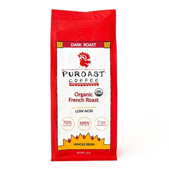 Low Acid  Whole Bean, Organic French Roast, Dark Roast, Certified Low Acid , 5.5+ pH, Gut Health, 12 oz., Higher Antioxidant, Smooth for Espresso, Iced