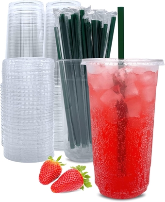 [50 Sets] 32 oz Clear Plastic Cups with Lids and Straws, Disposable Coffee Cups