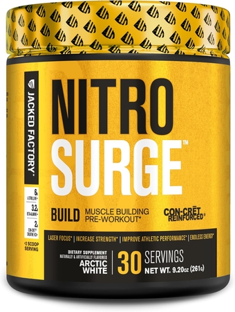 Nitrosurge Build Pre Workout with Creatine for Muscle Building - Con Cret Creatine Powder & elevATP for Intense Energy, Powerful Pumps, & Endless Endurance - 30 Servings, Arctic White